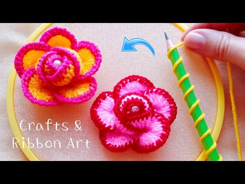 Amazing Woolen Rose Making Ideas with Pencil - Hand Embroidery Easy Trick - DIY Woolen Flowers