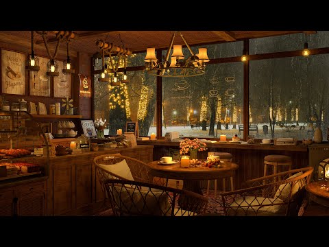 4K Cozy Coffee Shop Ambience &amp; Crackling Fireplace ☕ Smooth Jazz Music to Relax/Study/Work to