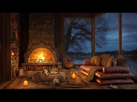 Cozy Room Lakeside with Relaxing Jazz 🌧️ Heavy Rain, Fireplace Sounds, White Noise, ASMR Sleep 4K