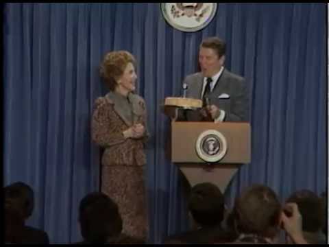 President Reagan's Press Briefing and surprise birthday in Press Room, February 4, 1983