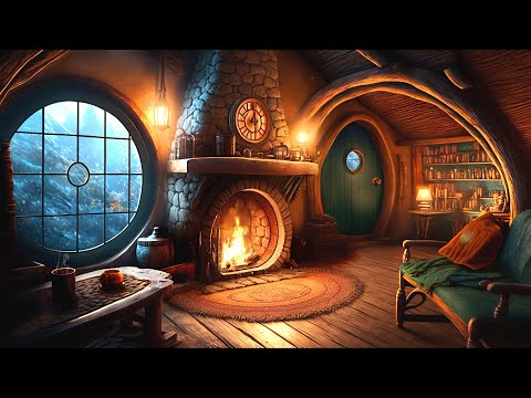 Cozy Hobbit Living Room During Winter - Soothing Fireplace &amp; Relaxing Blizzard Icy Snowstorm Sounds