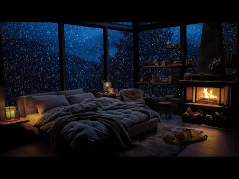 Wooden house with warm fireplace | Deep sleep with blizzard and fireplace sounds | Winter wonderland