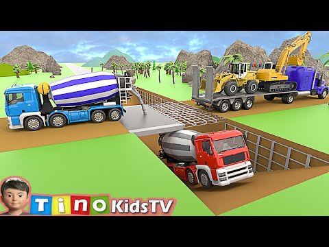 Excavator &amp; Wheel Loader Trailer Trucks for Kids | Underpass Road Construction