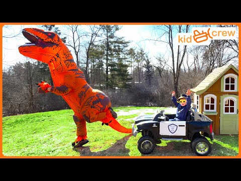 Dinosaur police truck chase and baby T-rex rescue! Educational how model rockets work | Kid Crew