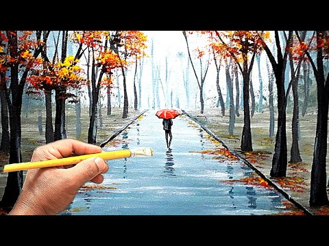 Como pintar paisagem de chuva com caminho de &aacute;rvores / acrylic painting on canvas