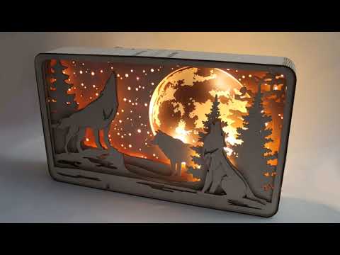 Multilayered Wood Sculptures with glowing moon, Light box from plywood assembly manual, LED decor