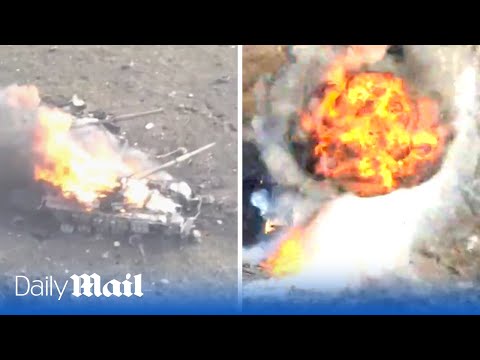 Moment Ukraine troops wipe out Russian tanks with FPV drones in failed attack near Donbas