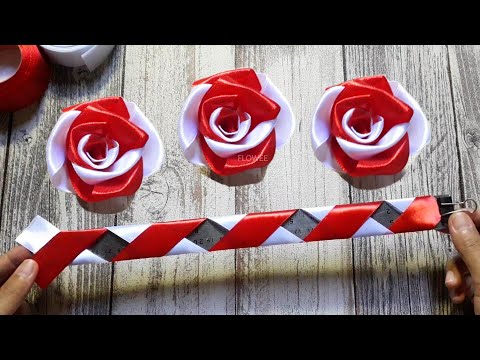 Amazing ribbon flower trick / easy rose making  with Ruler /ribbon flower crafts ideas