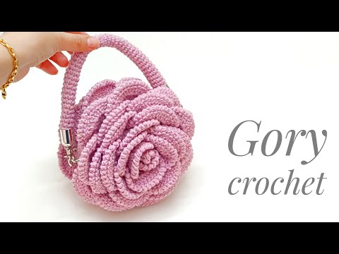 شنطه كروشيه بشكل زهرة الجوري مجسمه  Crochet flowe bag. Цветочная сумка крючком. Tas bunga rajutan