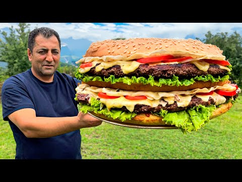 Chef Tavakkul Cooks the World's Biggest Burger! Juicy Beef Cutlet On Fire in Wild Mountains