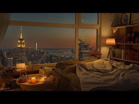 4K Cozy Bedroom With A Night View Of New York City with Jazz Music for Relax and Study