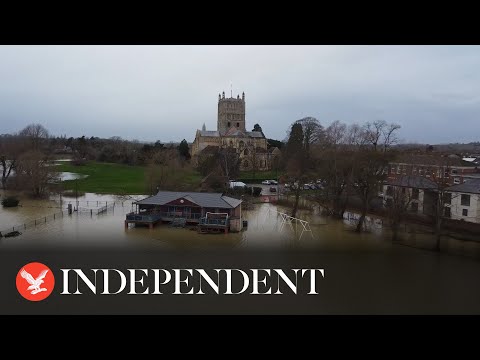 Drone footage captures flooding in Gloucestershire town as fields submerged by water