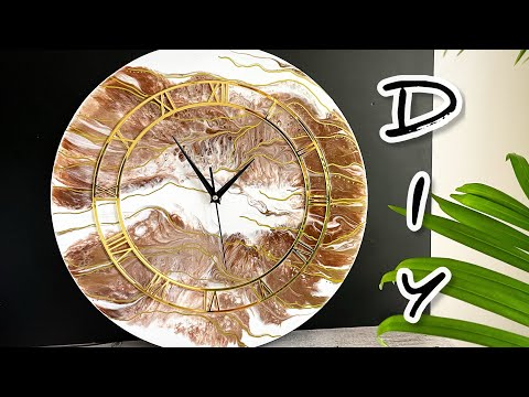 DIY. Epoxy Resin wall clock. White, Brown and Gold. Resin Art.