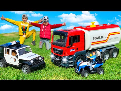 Cars Concrete truck Bruder fuel truck and police car Alex play with new toys