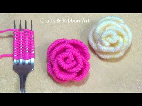 Amazing Trick with Fork - Easy Woolen Rose Making - Hand Embroidery Hack - DIY Woolen Flowers