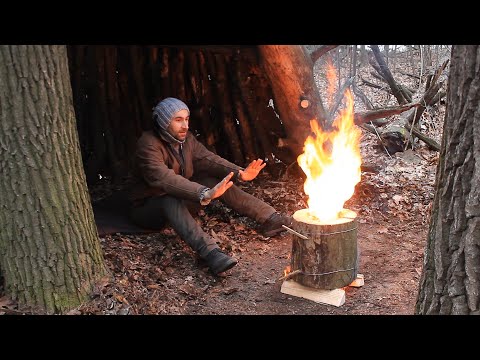 Bushcraft Camping Overnight in a Natural Shelter, Swedish Torch