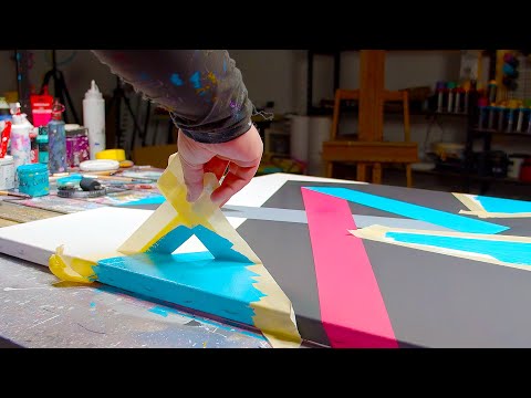 GEOMETRIC ABSTRACT PAINTING Demo With Acrylic Paint and Masking tape | Momento